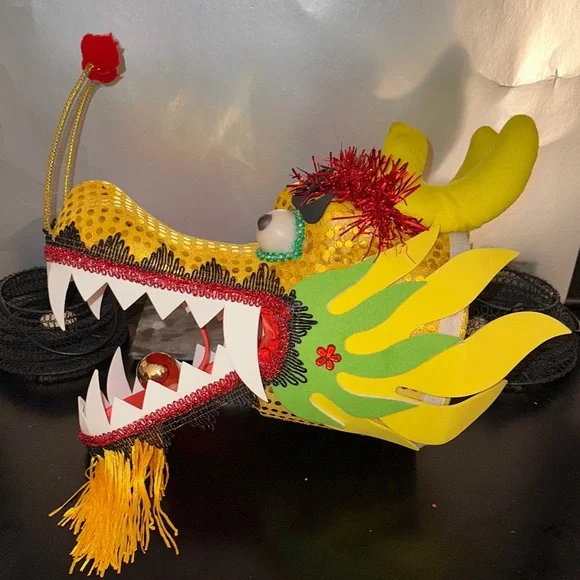 Colorful Yellow Dragon Head 🐲 Halloween Costume with Fringe - Picture 3 of 15